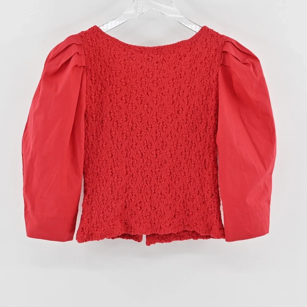 By Anthropologie Smocked Cardigan Size XS Red Button Up Puff Sleeve‎ Top Boho